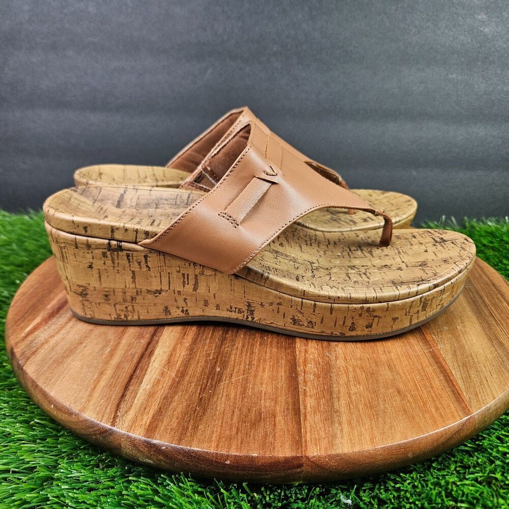 Vionic Women’s Cameron Brown Leather Platform Wedge Thong Sandals Size 9
